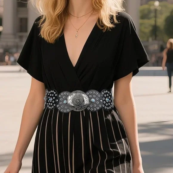 Western Leather Belt Boho Black and Silver Polka Dot Belt fits ways many sizes - Picture 5 of 8